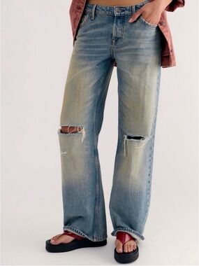 We The Free Straight-Leg Distressed Jeans in Washed Blue Tennessee jeans